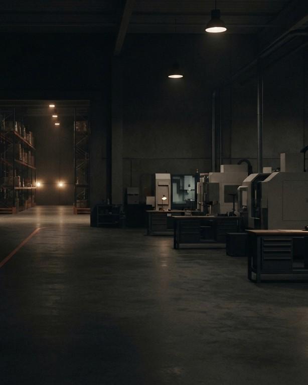 Empty production hall; an orange floor line leads through manufacturing into the high-bay warehouse.