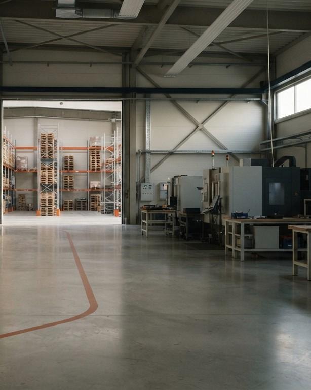 Empty production hall; an orange floor line leads through manufacturing into the high-bay warehouse.