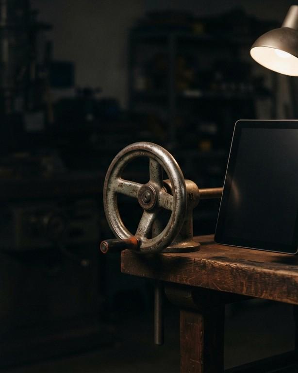 An old machine handwheel next to a modern operator terminal on a workbench.