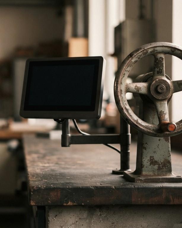An old machine handwheel next to a modern operator terminal on a workbench.